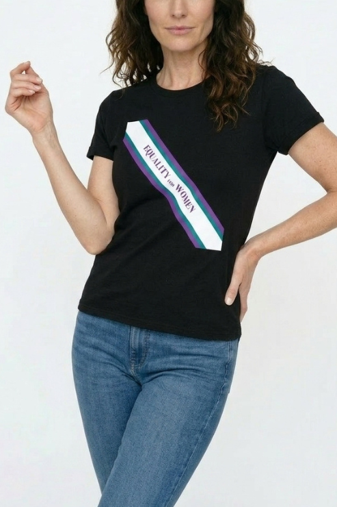 Person wearing a black t-shirt with a colorful sash design on a white background