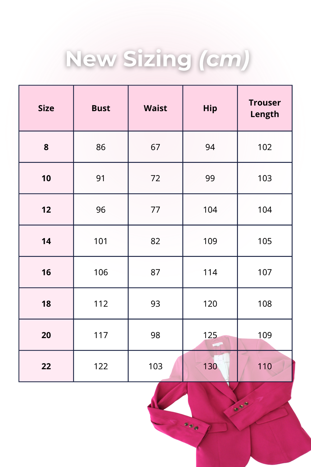 Size chart for a pink jacket with measurements in centimeters on a white background.