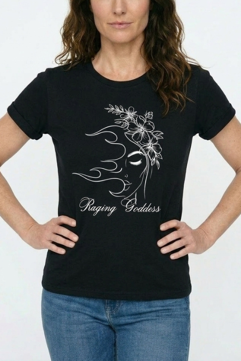 Woman wearing a black t-shirt with a white graphic design and text on a white background