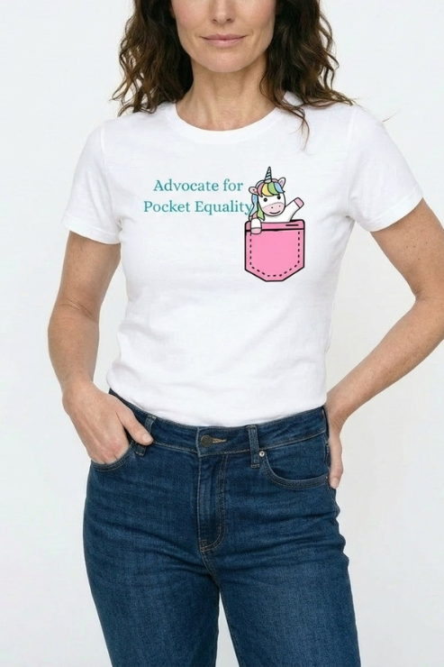 Person wearing a white t-shirt with a graphic and text 'Advocate for Pocket Equality' on a plain background