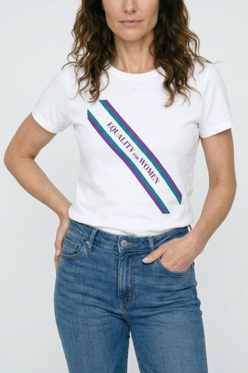 Person wearing a white t-shirt with a rainbow sash and 'Equality for Women' text on a plain background