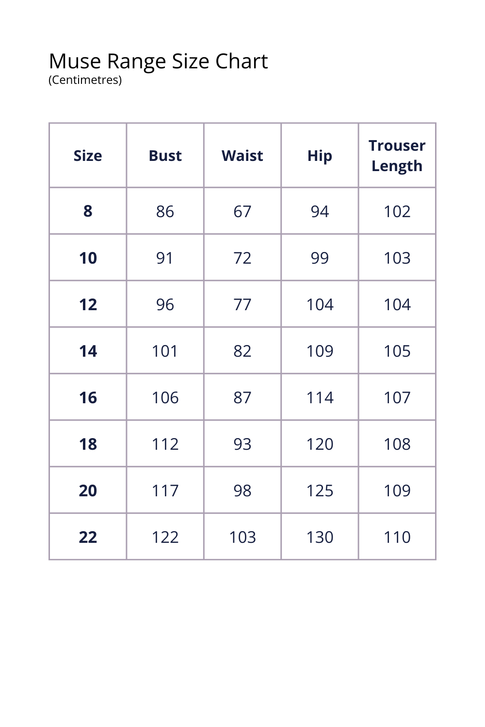 Muse Range size chart for clothing measurements in centimeters