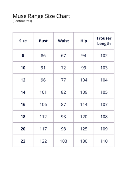 Muse Range size chart for clothing measurements in centimeters
