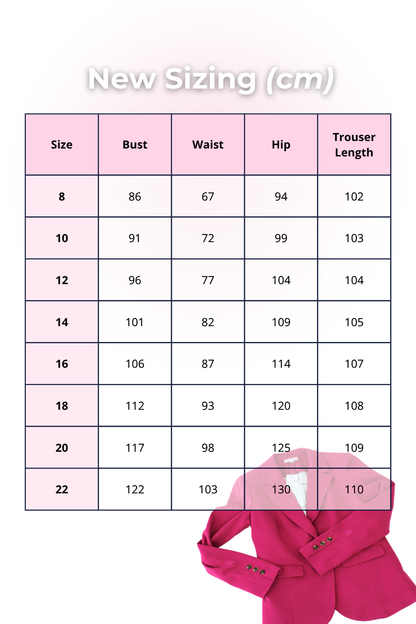 Size chart for a pink jacket with measurements in centimeters on a white background.