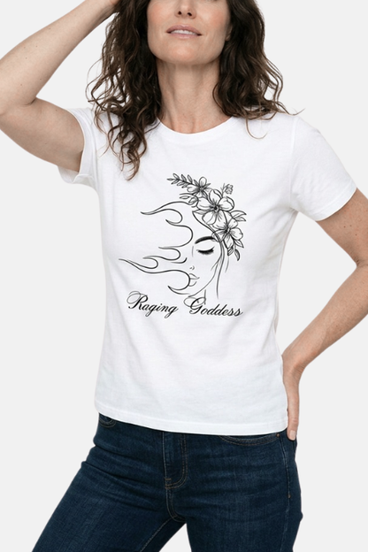 Woman wearing a white t-shirt with 'Raging Goddess' design on a plain background