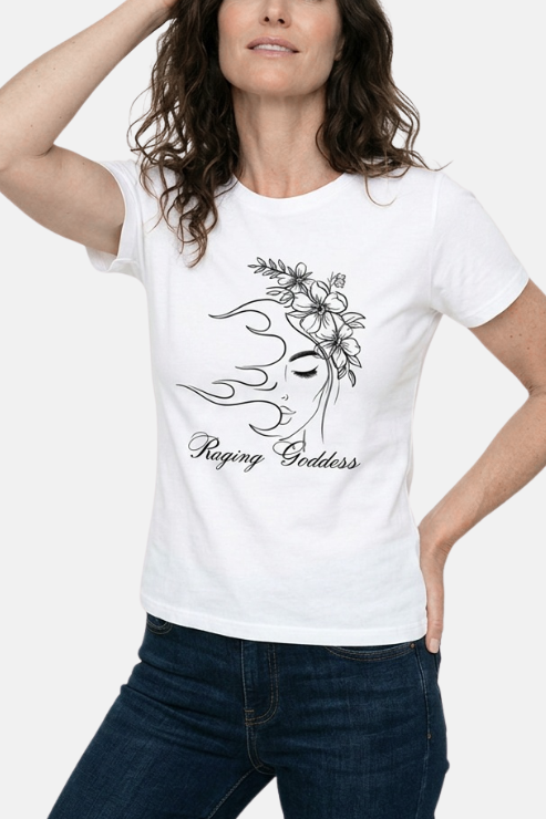 Woman wearing a white t-shirt with 'Raging Goddess' design on a plain background