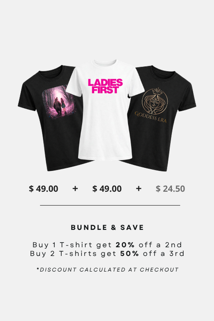 Three t-shirts with different designs on a white background, featuring promotional text about bundle pricing.