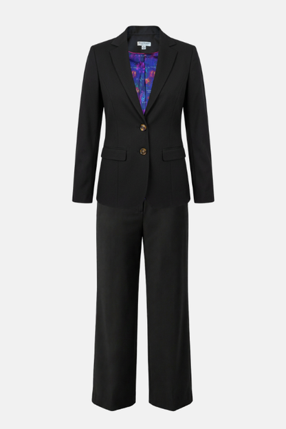 A black tailored suit set consisting of a single-breasted blazer with notched lapels and two gold-tone buttons, paired with matching straight-leg trousers, shown against a light gray background.