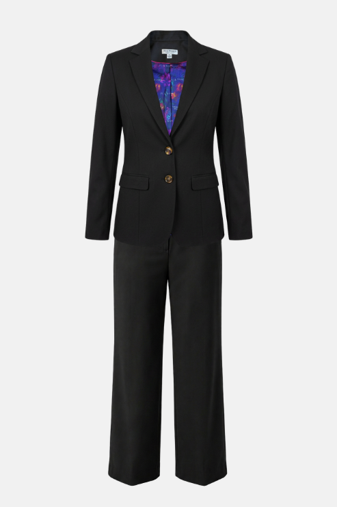 A black tailored suit set consisting of a single-breasted blazer with notched lapels and two gold-tone buttons, paired with matching straight-leg trousers, shown against a light gray background.