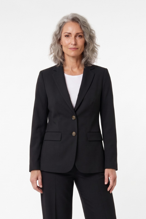 A woman with gray hair wearing a black tailored blazer with two gold buttons over a white top and black trousers, standing against a plain white studio background.