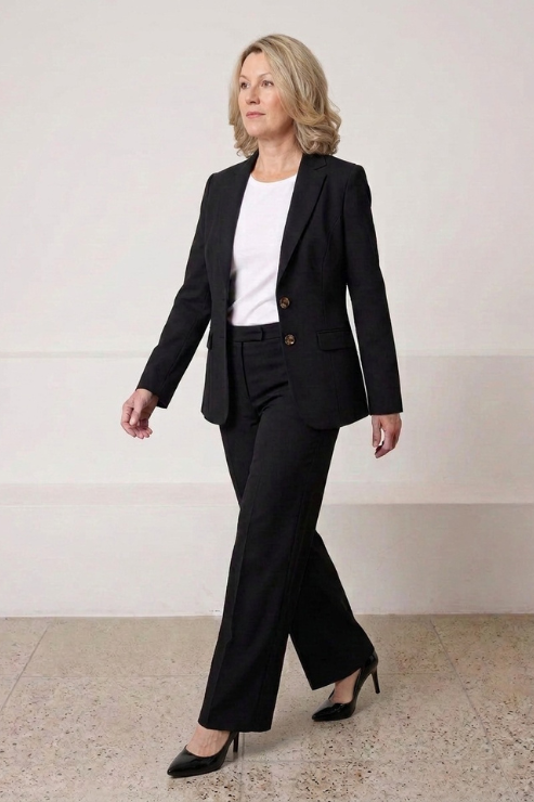 A woman modeling a black two-piece blazer and trouser suit with a white top and black heels, standing against a light beige wall.