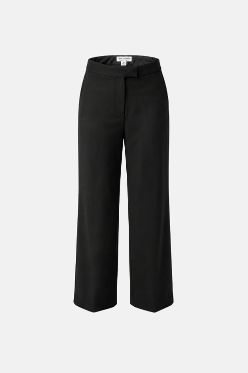 Black full straight-leg trousers with a front button closure and belt loops, shown on a light gray background.