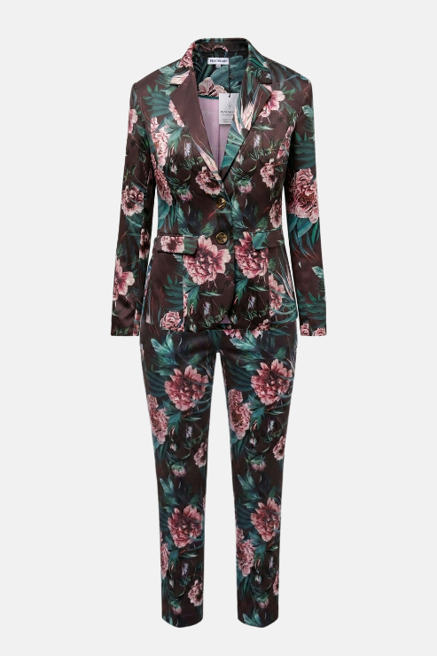 A women's two-piece suit featuring a dark brown base with a vibrant pink and green floral print, shown on a light gray background.