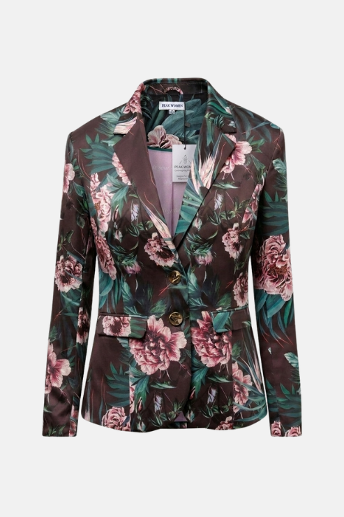 A women's tailored blazer with a dark brown base and a vibrant floral print featuring pink roses and green leaves, shown against a plain light gray background.