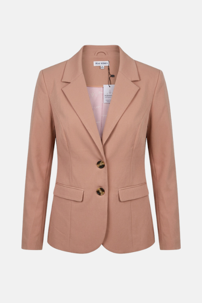 A dusty pink tailored blazer with notch lapels, two dark brown buttons, and flap pockets, shown on a light gray background.