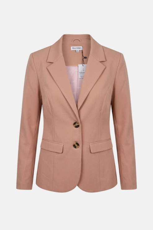 A dusty pink tailored blazer with notch lapels, two dark brown buttons, and flap pockets, shown on a light gray background.