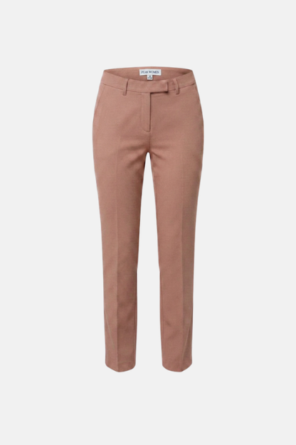 A pair of straight-leg trousers in a dusty rose or mauve color, displayed on a clean, light gray background.
