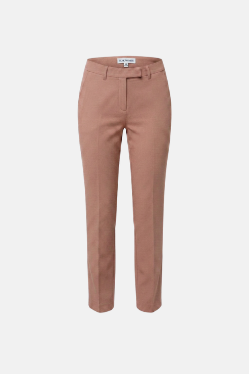A pair of straight-leg trousers in a dusty rose or mauve color, displayed on a clean, light gray background.