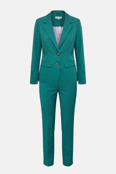 A teal green tailored suit set consisting of a single-breasted blazer with gold buttons and matching slim-fit trousers, shown against a plain light gray background.