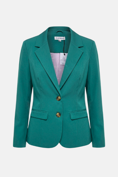 A teal green tailored blazer with notched lapels, two gold-tone buttons, and flap pockets, shown on a light gray background.