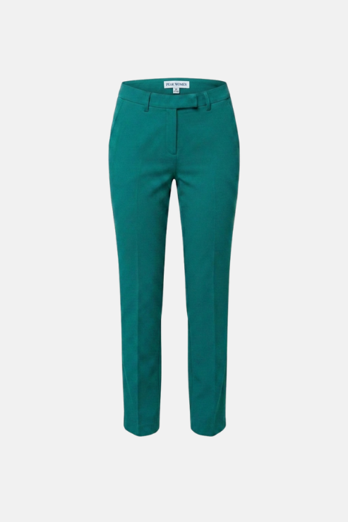 A pair of teal green cropped trousers shown flat against a light gray background.