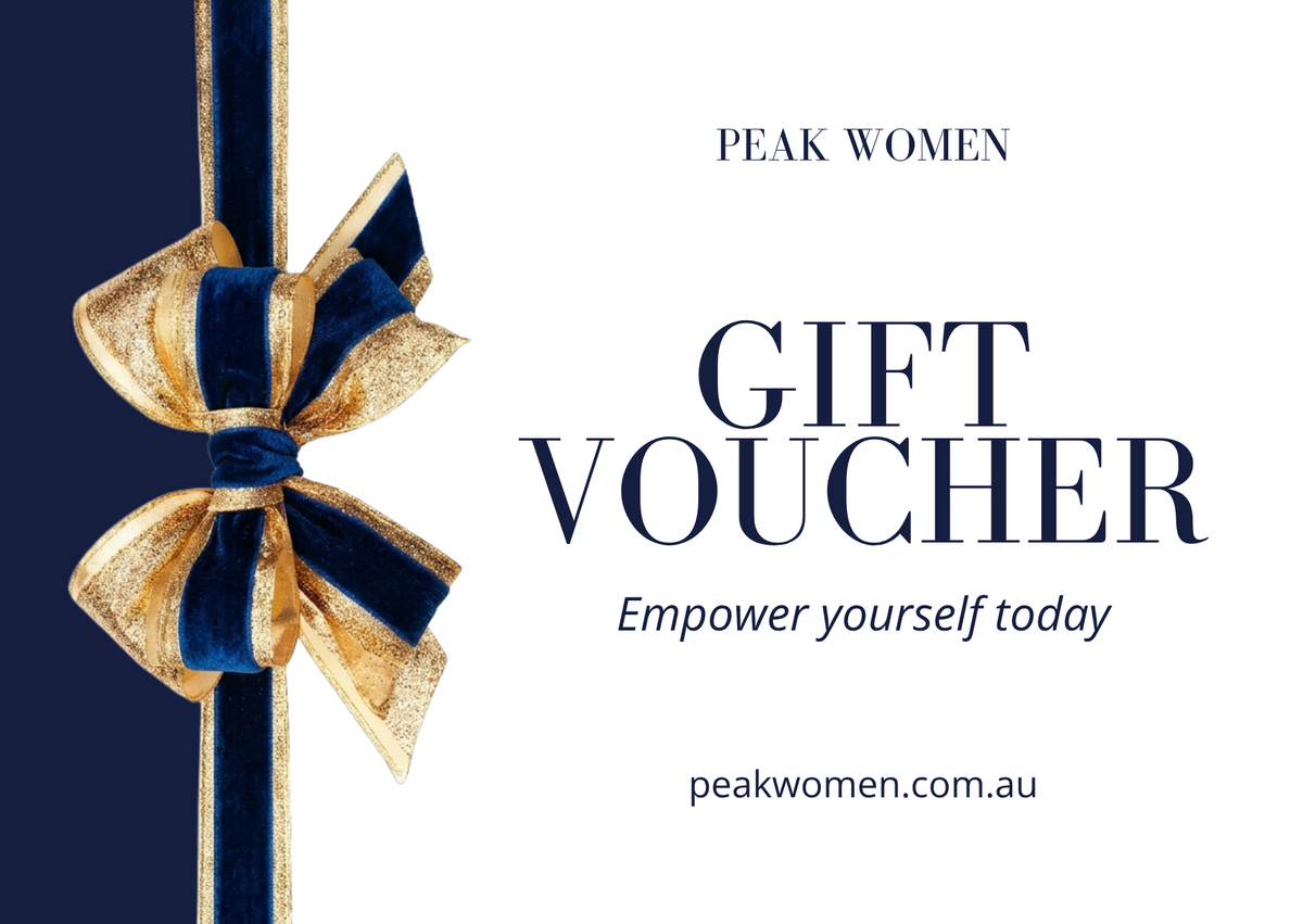 A gift voucher design featuring a navy blue and gold ribbon bow on the left, with the text 'PEAK WOMEN GIFT VOUCHER Empower yourself today' and 'peakwomen.com.