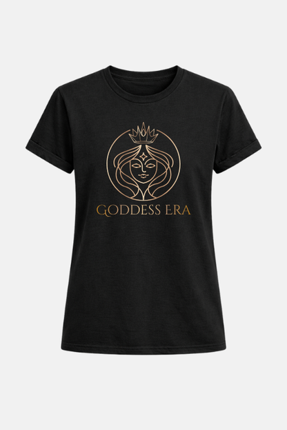 Black t-shirt with 'Goddess Era' logo on a white background