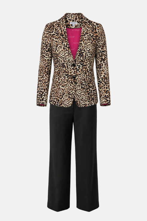 A women's two-piece suit set featuring a leopard-print blazer with a vibrant pink lining and black wide-leg trousers, displayed on a ghost mannequin against a light gray background.