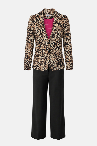 A women's two-piece suit set featuring a leopard-print blazer with a vibrant pink lining and black wide-leg trousers, displayed on a ghost mannequin against a light gray background.