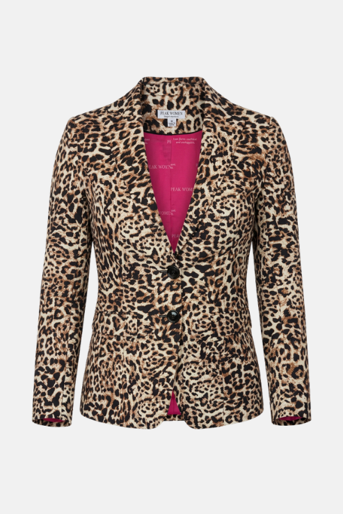 A women's leopard print blazer with a vibrant magenta pink lining, displayed on a ghost mannequin against a light gray background.