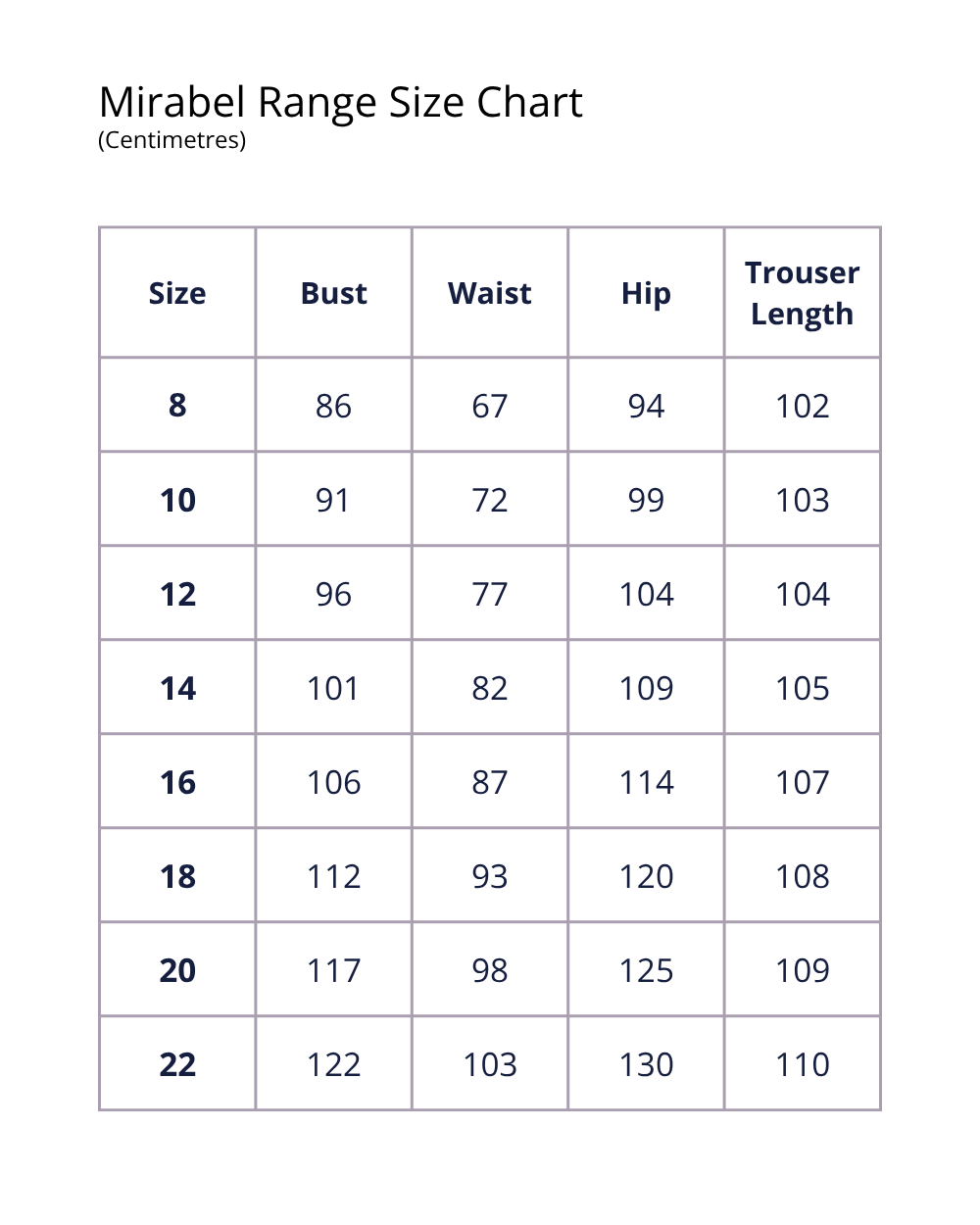 Mirabel Range Size Chart in centimetres, showing a size table with columns for Size, Bust, Waist, Hip, and Trouser Length.