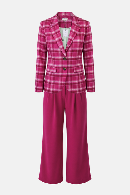 A women's two-piece suit featuring a pink and white plaid blazer with notch lapels and two front buttons, paired with matching solid magenta wide-leg trousers, shown on a light gray background.