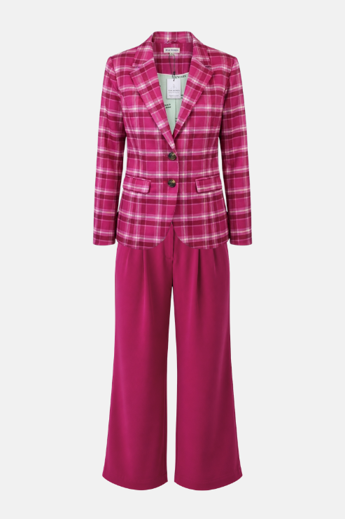 A women's two-piece suit featuring a pink and white plaid blazer with notch lapels and two front buttons, paired with matching solid magenta wide-leg trousers, shown on a light gray background.