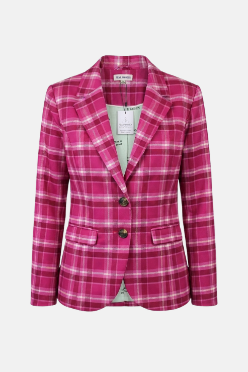 A women's blazer in a vibrant pink and white plaid pattern, featuring notch lapels, two front buttons, and flap pockets, shown against a light gray background.