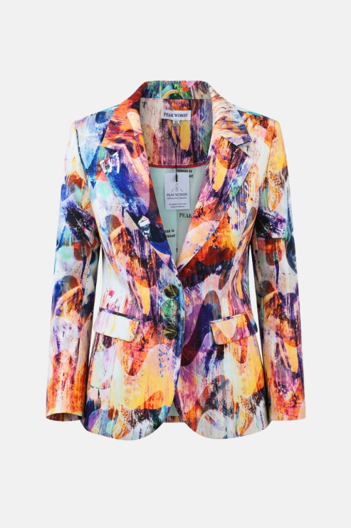 A women's tailored blazer with a vibrant, multicolored abstract painterly print, featuring notch lapels, flap pockets, and a single button closure, shown against a plain light gray background.