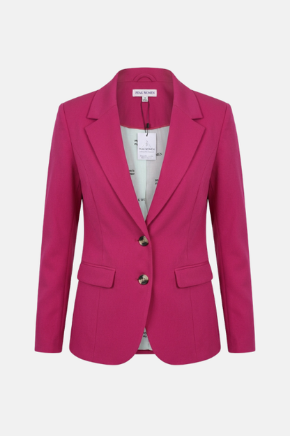 A bright magenta pink tailored blazer with notch lapels, two front buttons, and flap pockets, shown on a light gray background. The brand label inside the collar reads 'SILK BONE'.