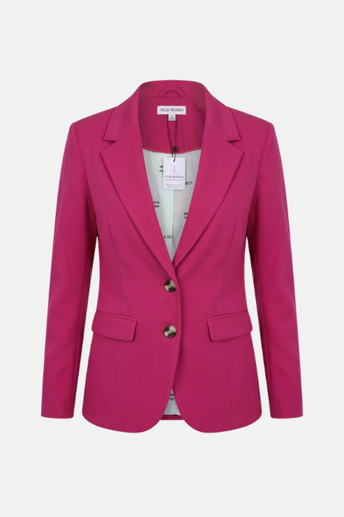 A bright magenta pink tailored blazer with notch lapels, two front buttons, and flap pockets, shown on a light gray background. The brand label inside the collar reads 'SILK BONE'.