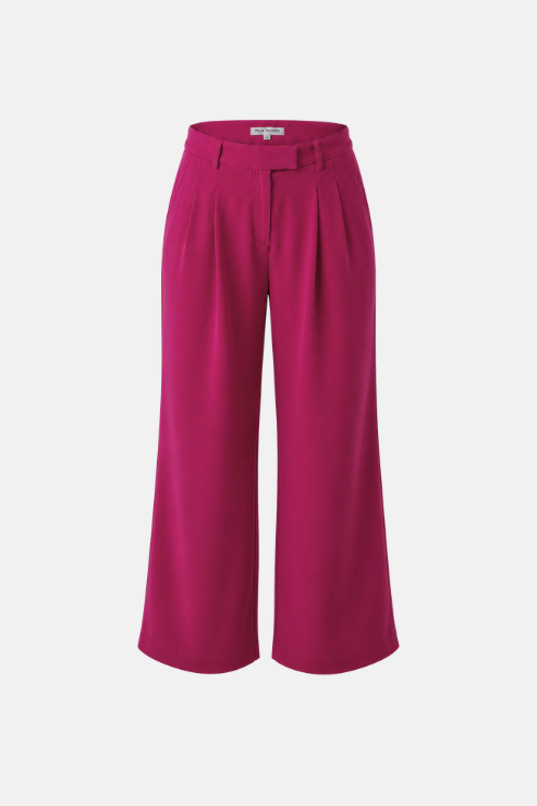 A pair of high-waisted, wide-leg cropped trousers in a vibrant magenta pink, shown flat against a light gray background.